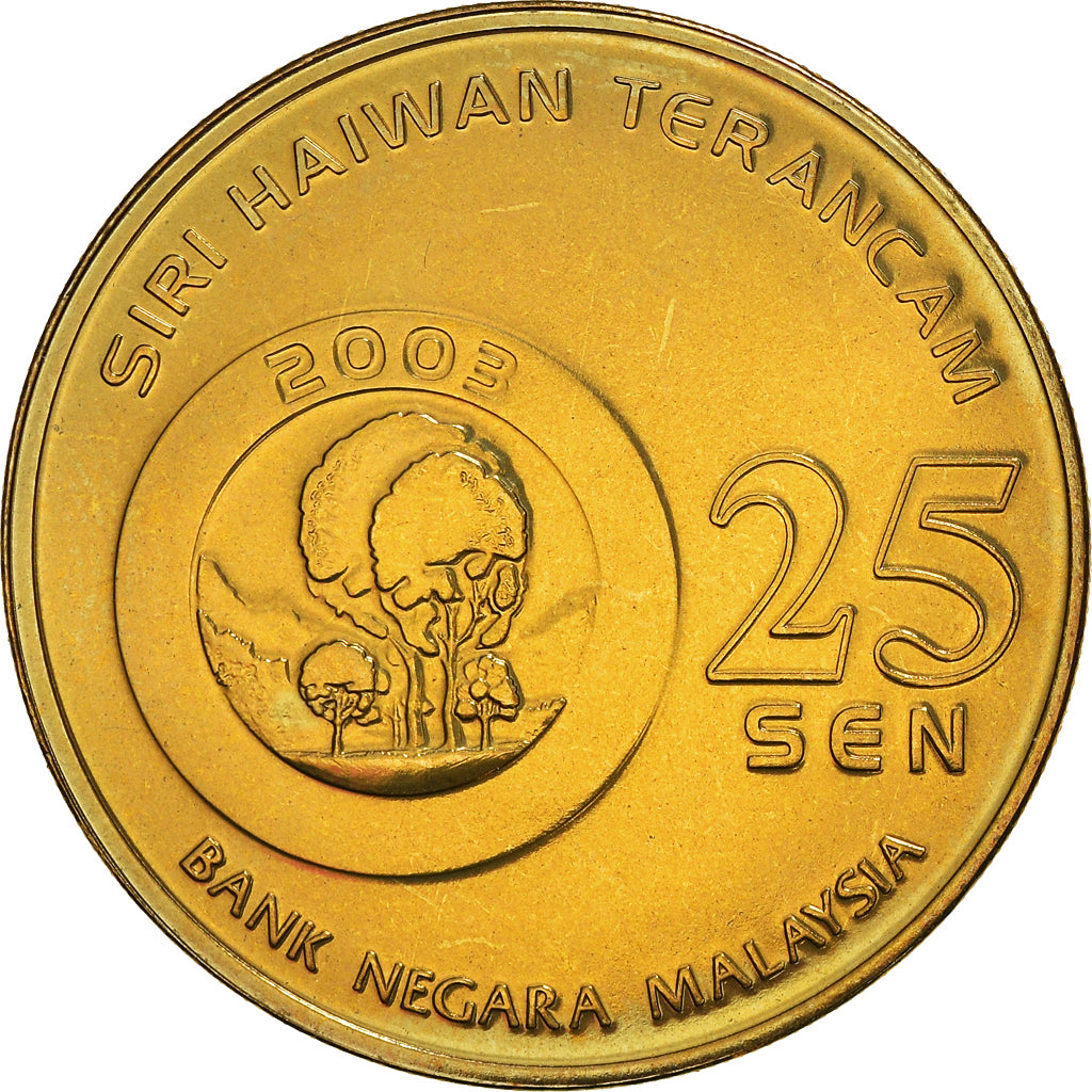 Coin, Malaysia, 25 Sen, 2003, Royal Malaysian, MS(63), Brass, KM:80
