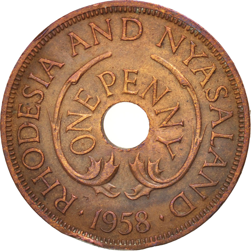 Rhodesia e Nyasaland, Elizabeth II, Penny, 1958, British Royal Mint, BB, Bron...