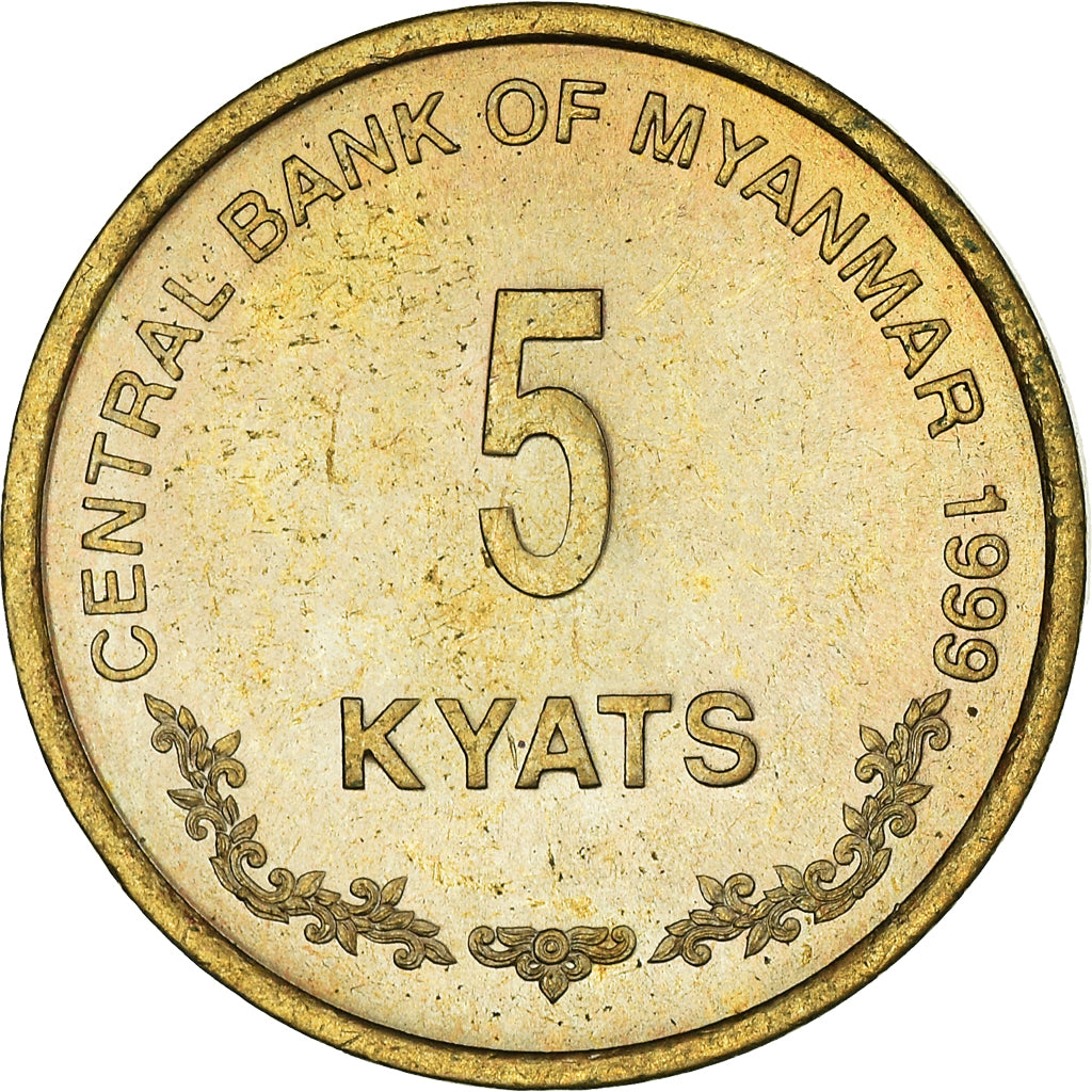 Coin, Myanmar, 5 Kyats, 1999, MS(63), Brass, KM:61