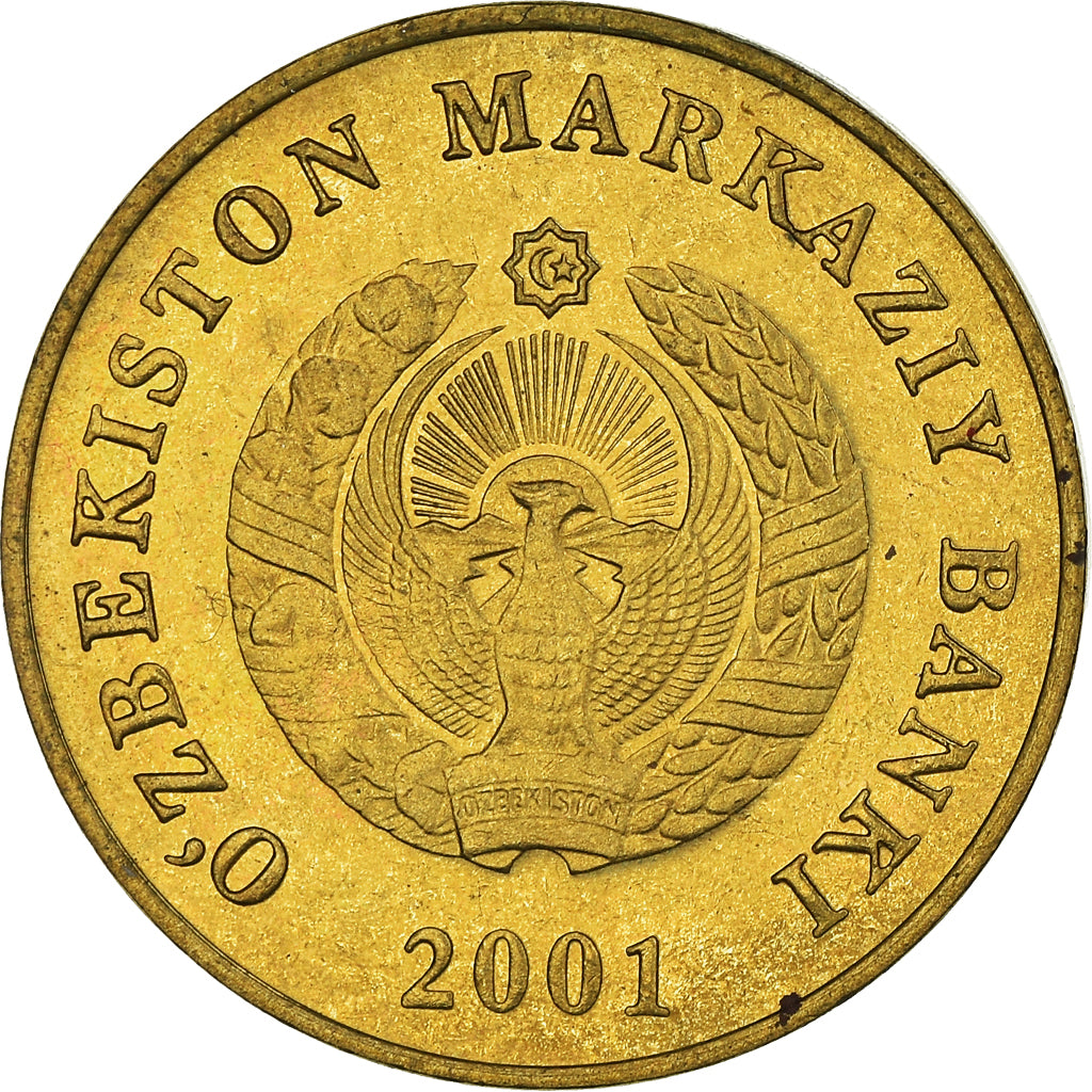 Coin, Uzbekistan, 5 Som, 2001, AU(55-58), Brass plated steel, KM:13