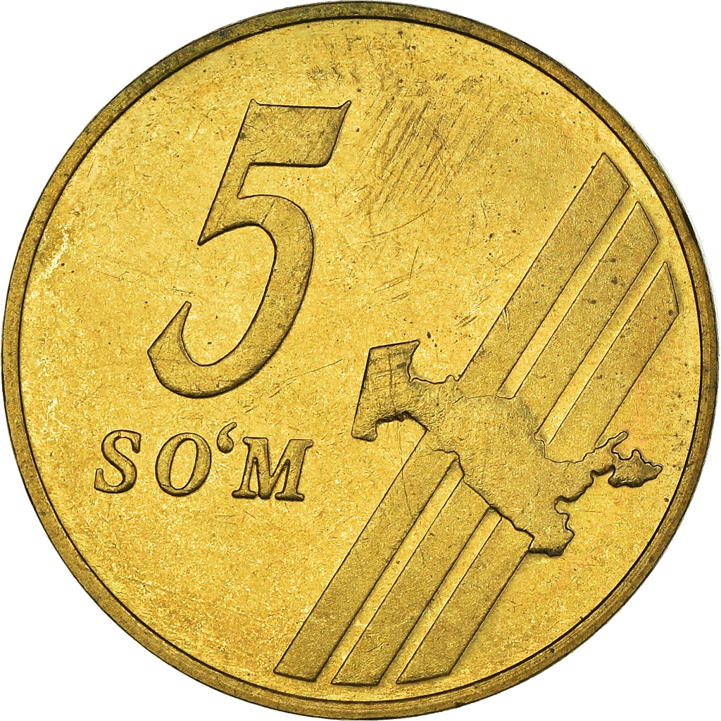 Coin, Uzbekistan, 5 Som, 2001, AU(55-58), Brass plated steel, KM:13