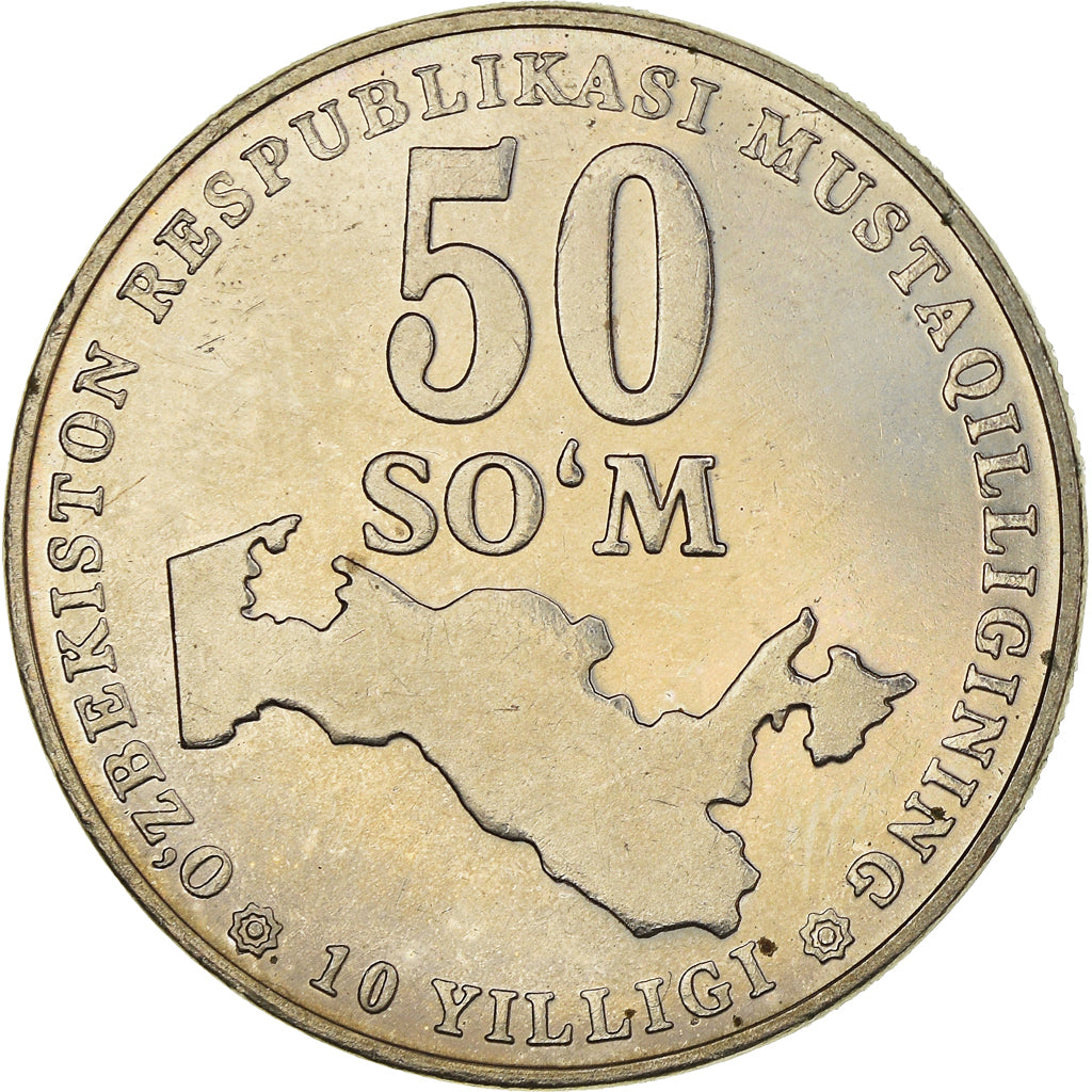 Moneta, Uzbekistan, 50 Som, 2001, AU(55-58), Nikiel powlekany stalą, KM:15