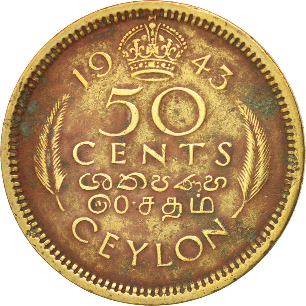 CEYLON, 50 Cents, 1943, KM #116, EF(40-45), Nickel-Brass, 5.41