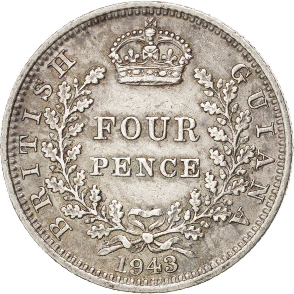 GUYANA, 4 Pence, 1943, KM #30, AU(50-53), Silver, 1.89