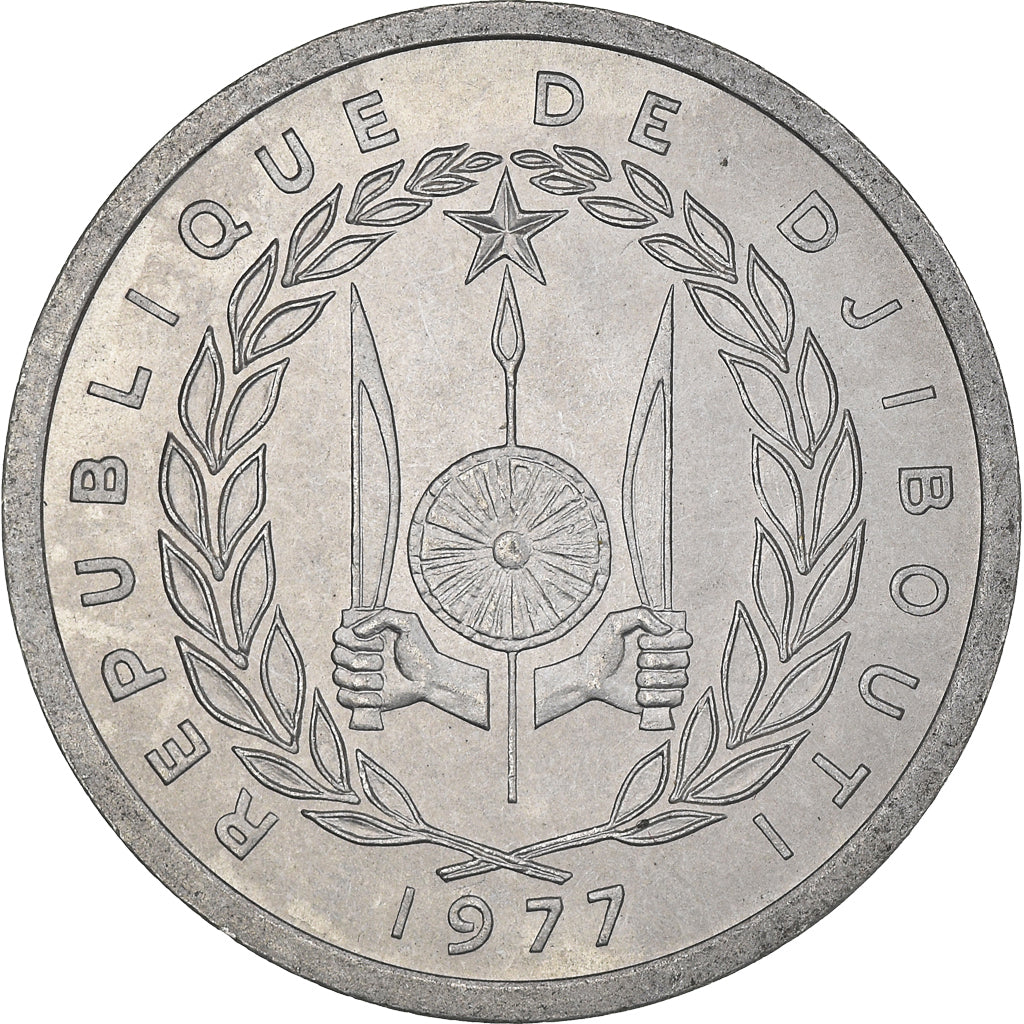 Coin, Djibouti, 2 Francs, 1977, Paris, MS(63), Aluminum, KM:21