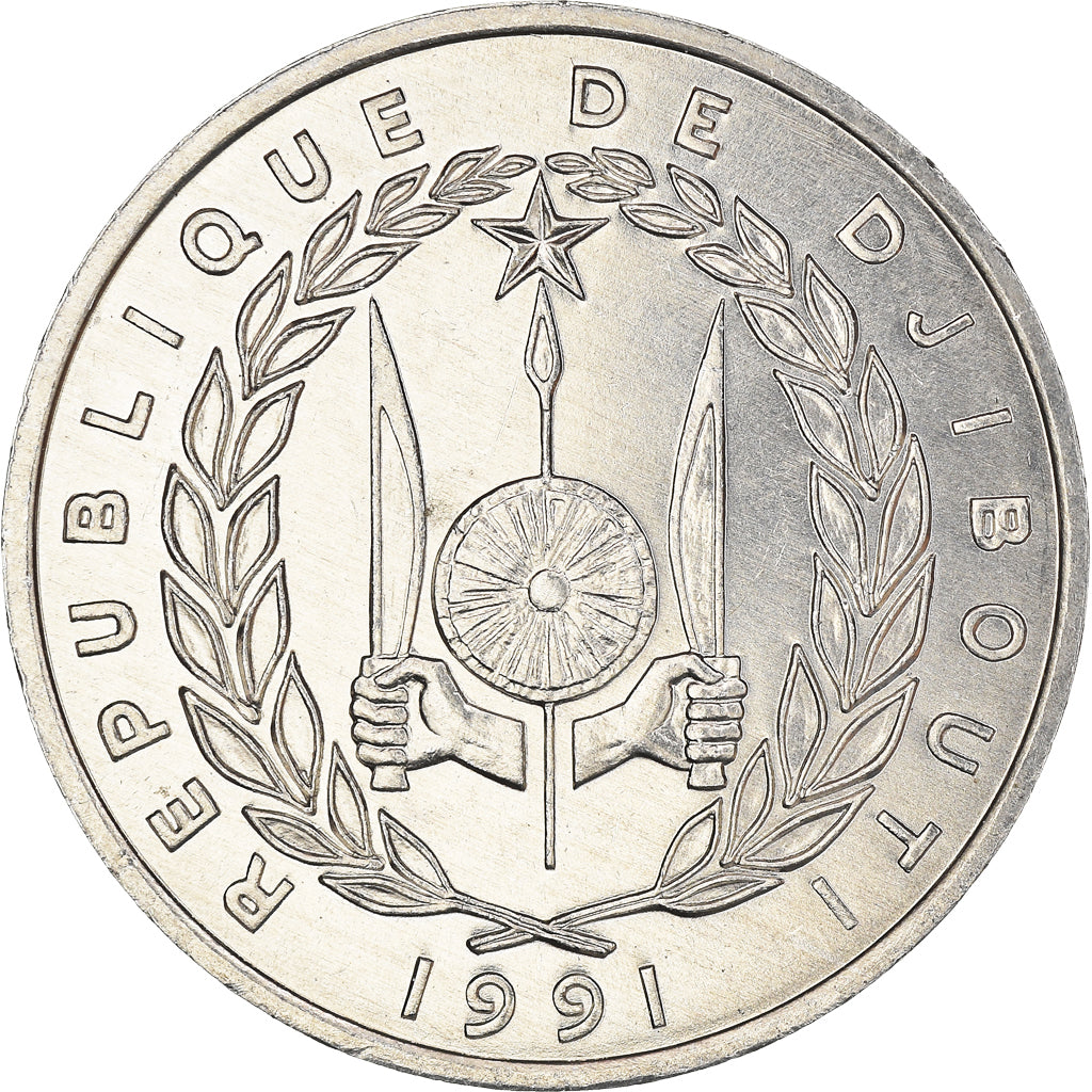 Coin, Djibouti, 5 Francs, 1991, Paris, MS(63), Aluminum, KM:22