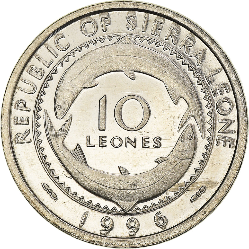 Coin, Sierra Leone, 10 Leones, 1996, MS(63), Nickel Bonded Steel, KM:44