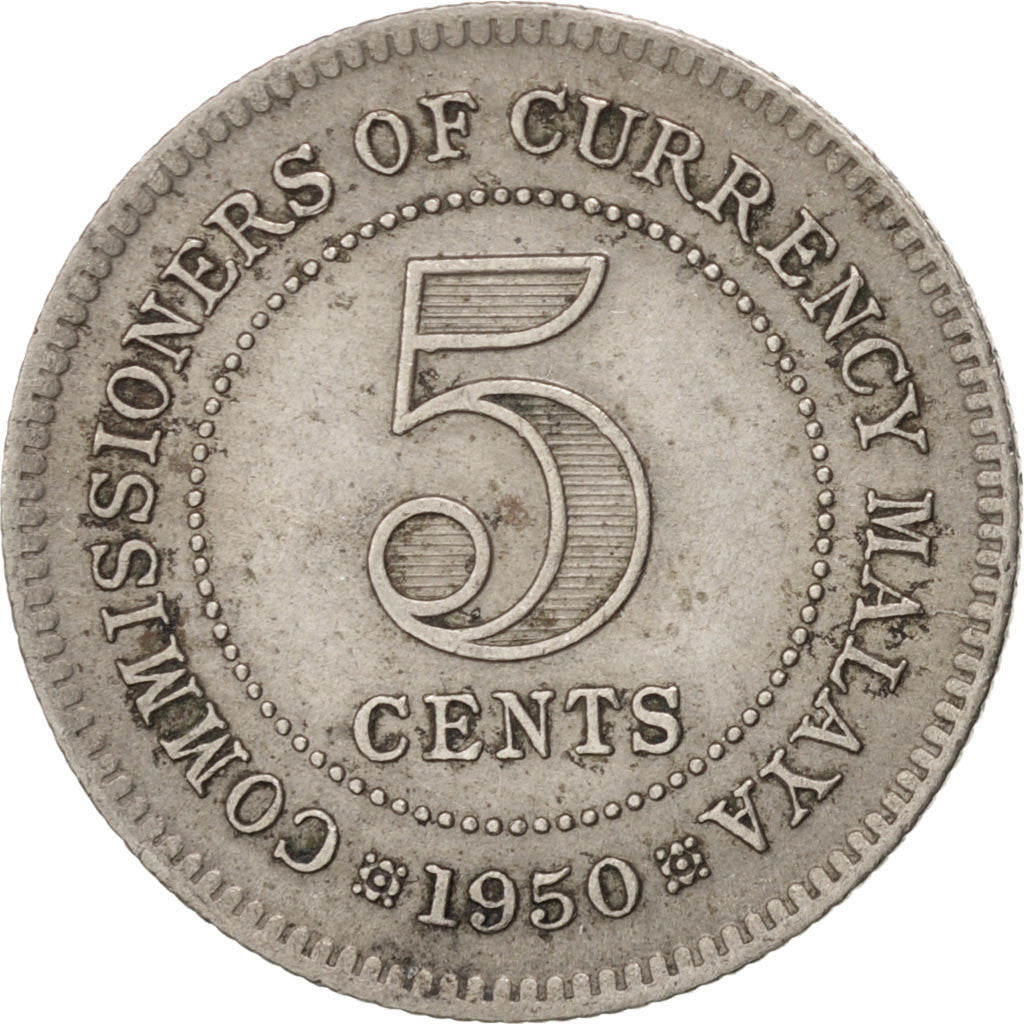 MALAYA, 5 Cents, 1950, KM #7, AU(50-53), Copper-Nickel, 16, 1.42