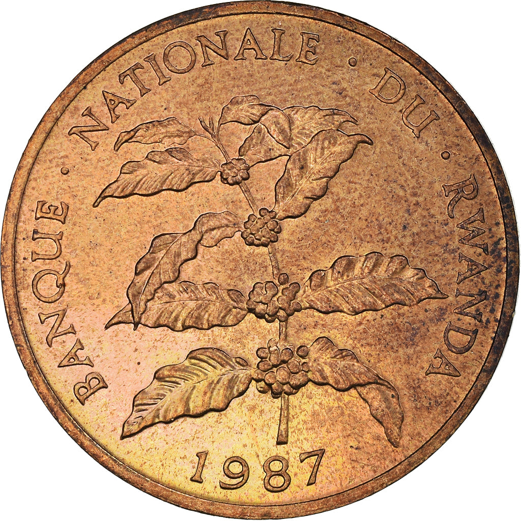 Coin, Rwanda, 5 Francs, 1987, British Royal Mint, MS(63), Bronze, KM:13