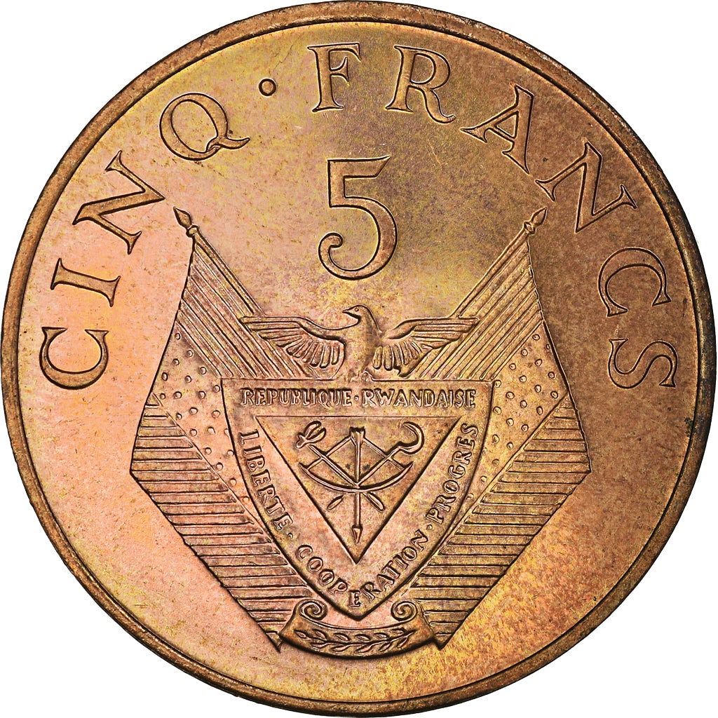 Coin, Rwanda, 5 Francs, 1987, British Royal Mint, MS(63), Bronze, KM:13