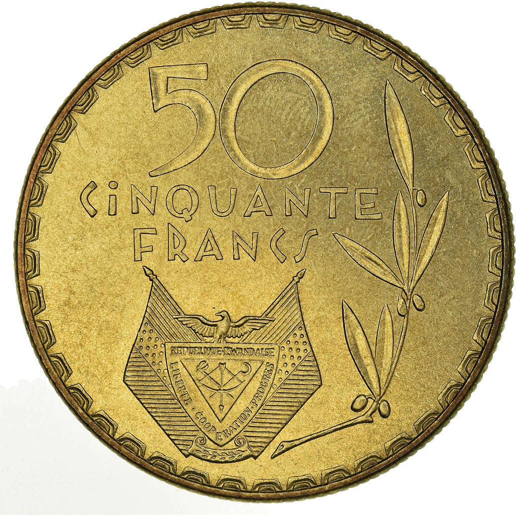 Coin, Rwanda, 50 Francs, 1977, Paris, MS(63), Brass, KM:16