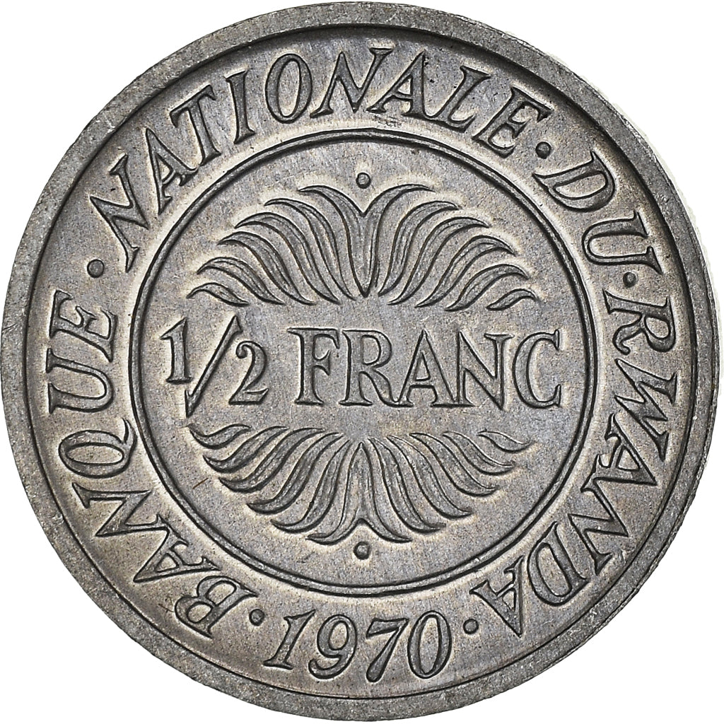 Coin, Rwanda, 1/2 Franc, 1970, MS(64), Aluminum, KM:9