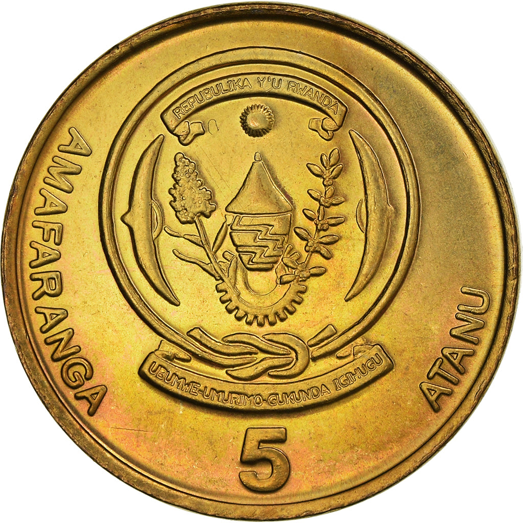 Coin, Rwanda, 5 Francs, 2003, MS(64), Brass plated steel, KM:23