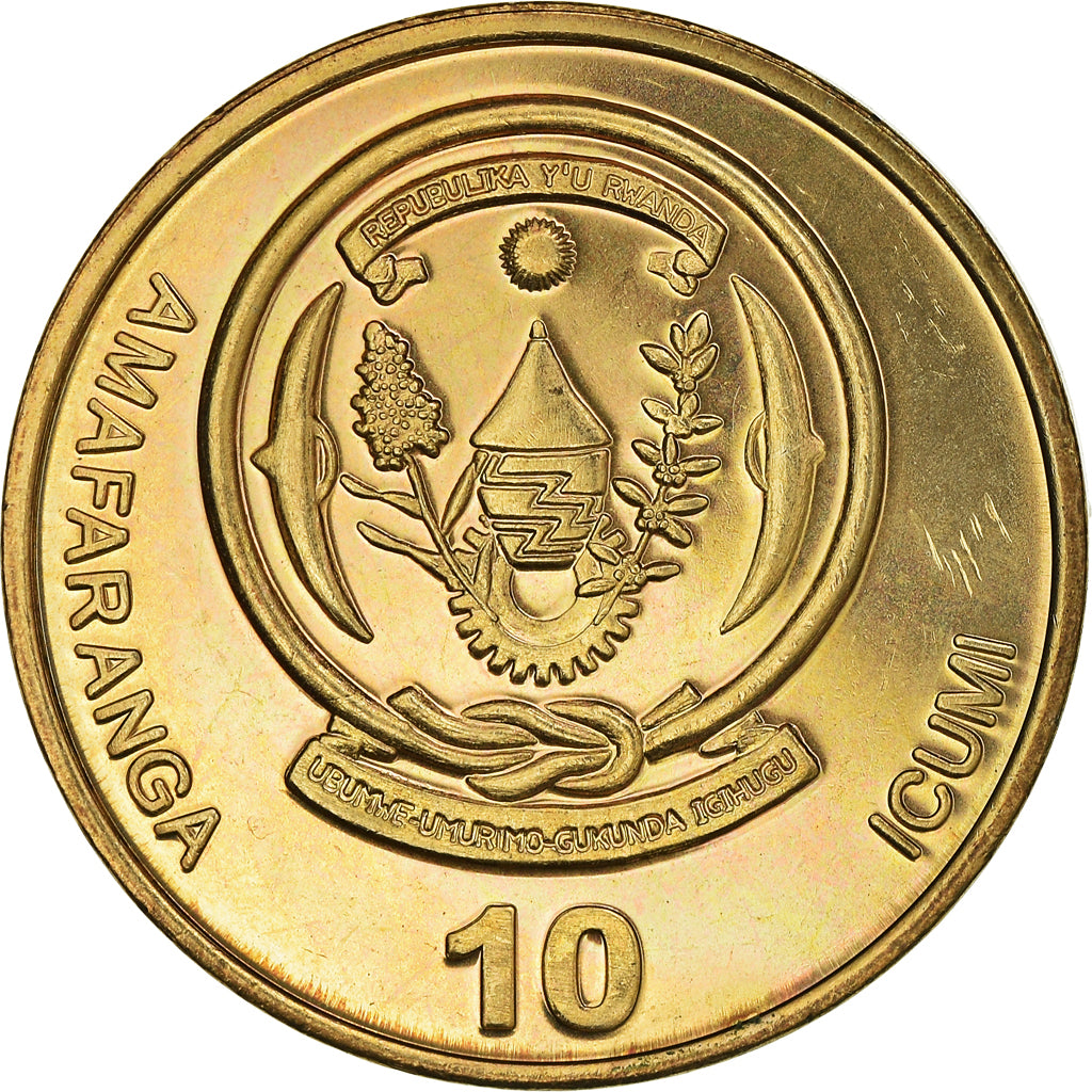 Coin, Rwanda, 10 Francs, 2003, MS(60-62), Brass plated steel, KM:24