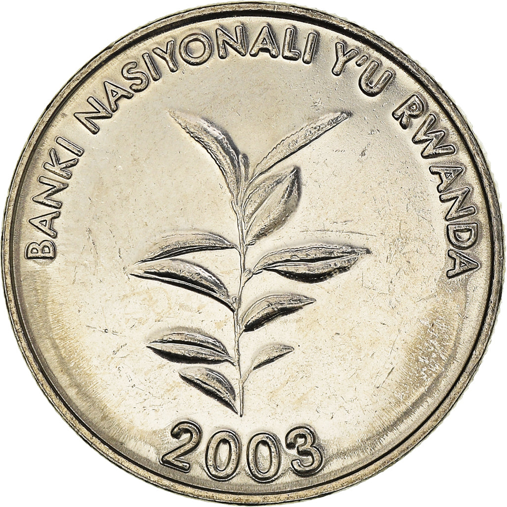Moneta, Ruanda, 20 Francs, 2003, MS(64), Nickel platerowany stalą, KM:25