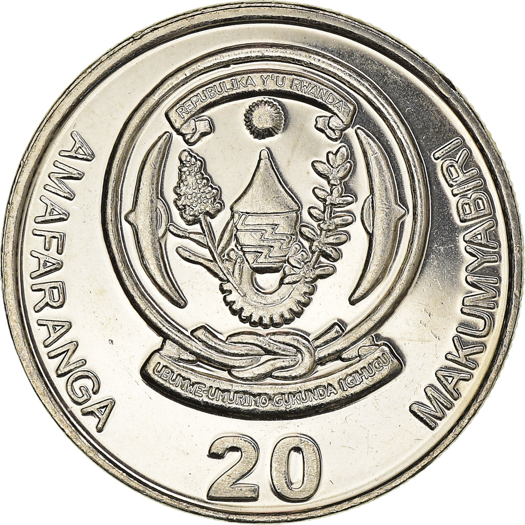 Moneta, Ruanda, 20 Francs, 2003, MS(64), Nickel platerowany stalą, KM:25