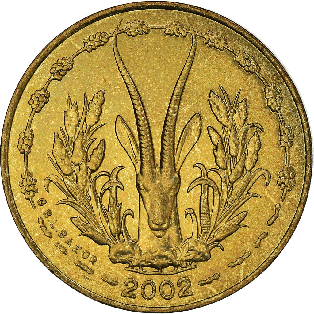 Coin, West African States, 5 Francs, 2002, MS(63), Aluminum-Nickel-Bronze, KM:2a