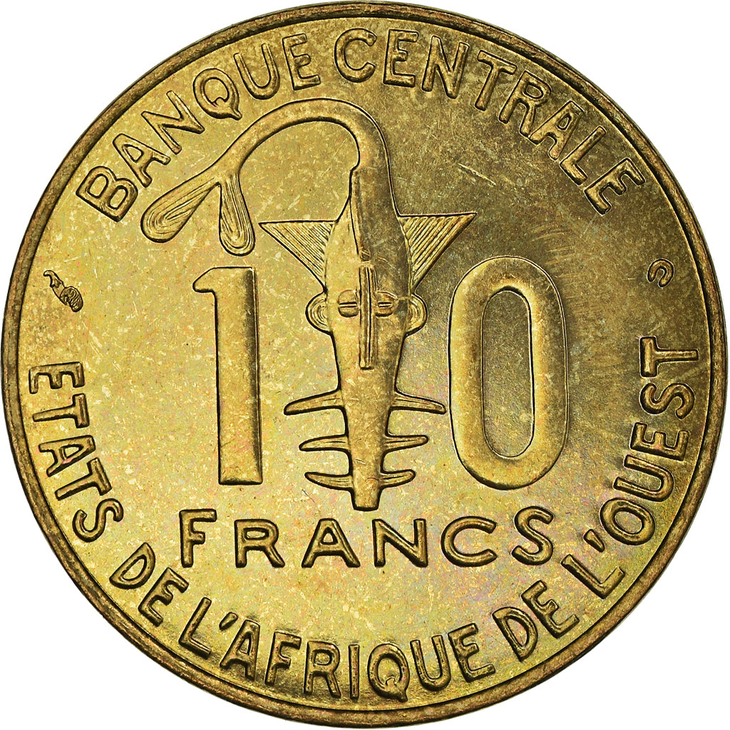 Coin, West African States, 10 Francs, 2002, MS(63), Aluminum-Bronze, KM:10