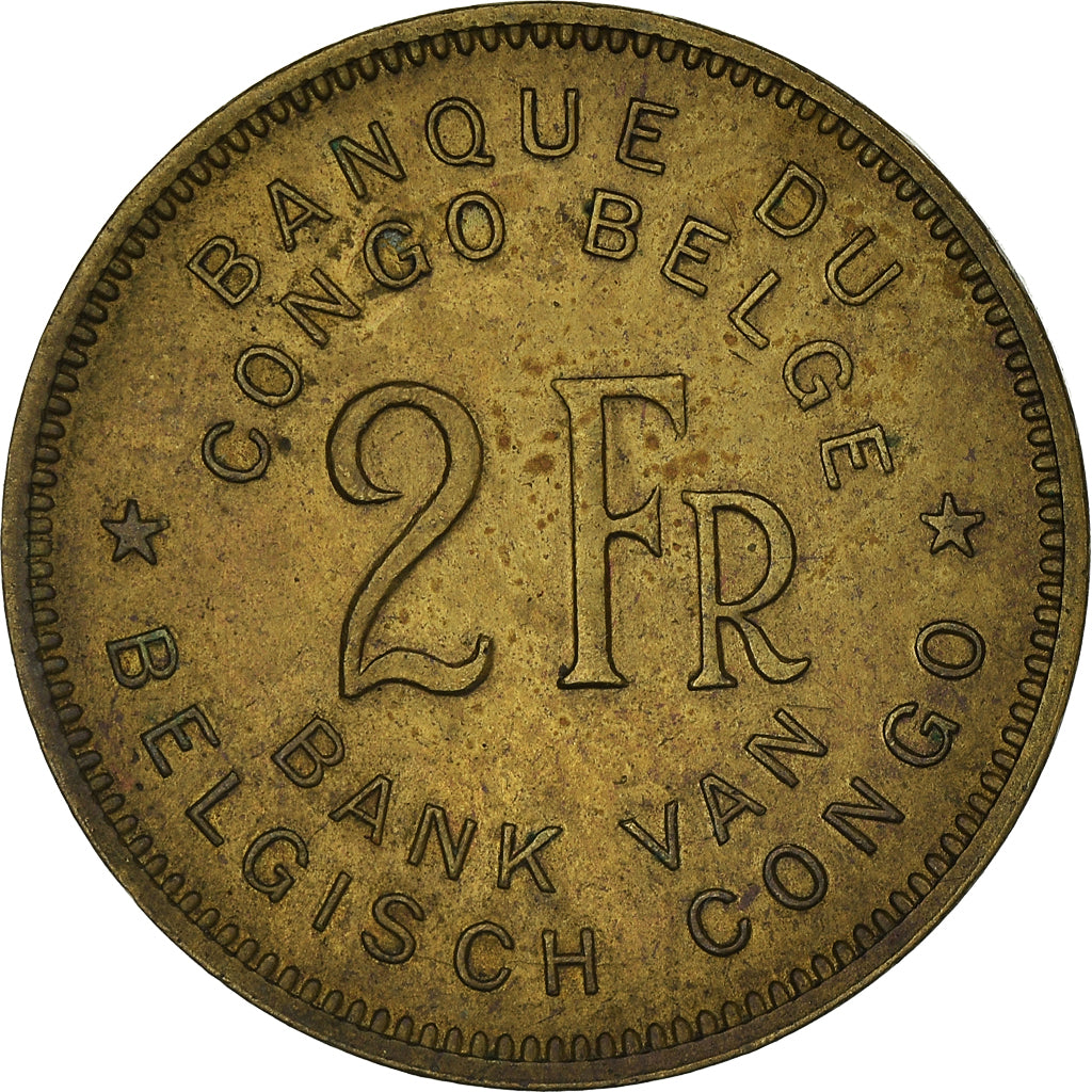 Coin, Belgian Congo, 2 Francs, 1947, AU(50-53), Brass, KM:28