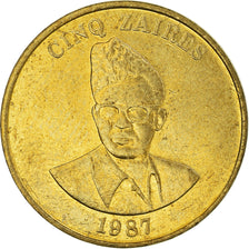 Moneda, Zaire, 5 Zaïres, 1987, EBC, Latón, KM:14