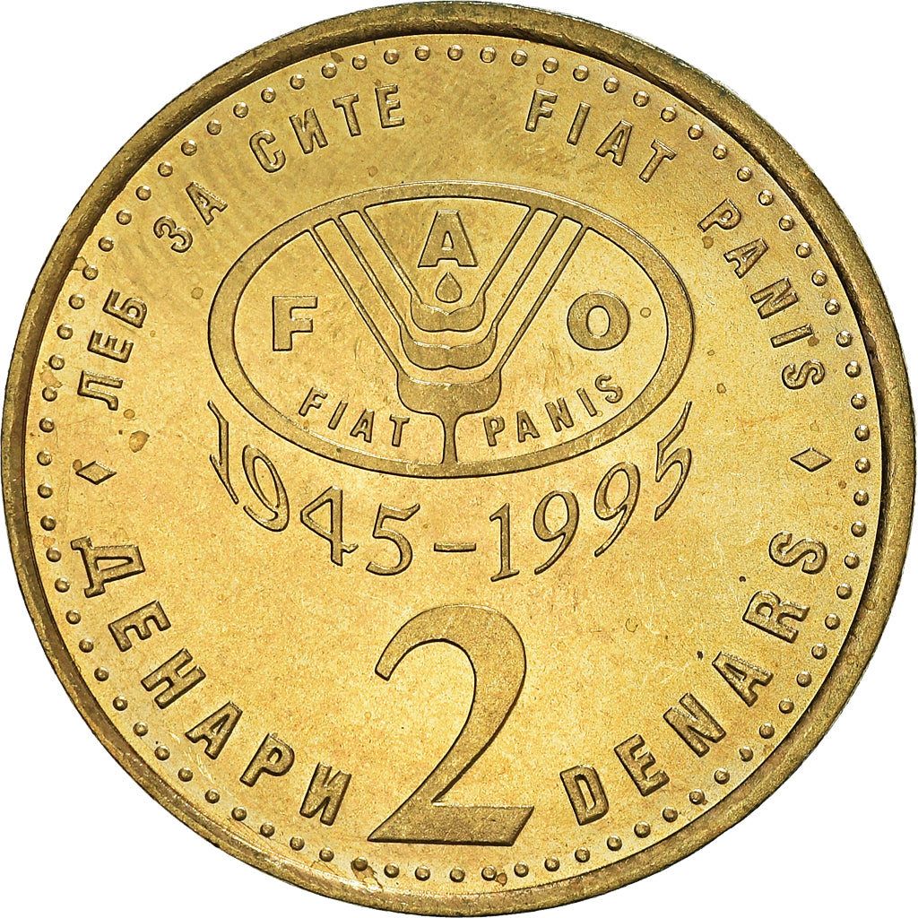 Coin, Macedonia, 2 Denari, 1995, AU(50-53), Brass, KM:6