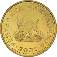 Moneta, Macedonia, 5 Denari, 2001, MS(64), Mosiądz, KM:4
