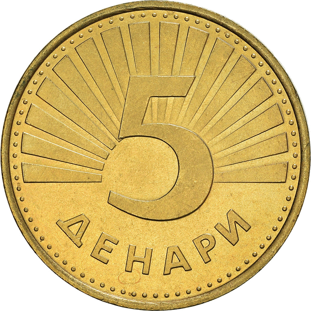 Moneta, Macedonia, 5 Denari, 2001, MS(64), Mosiądz, KM:4