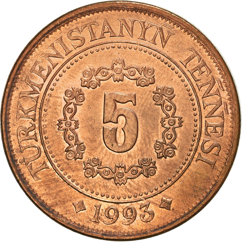 Coin, Turkmanistan, 5 Tenge, 1993, AU(55-58), Copper Plated Steel, KM:2