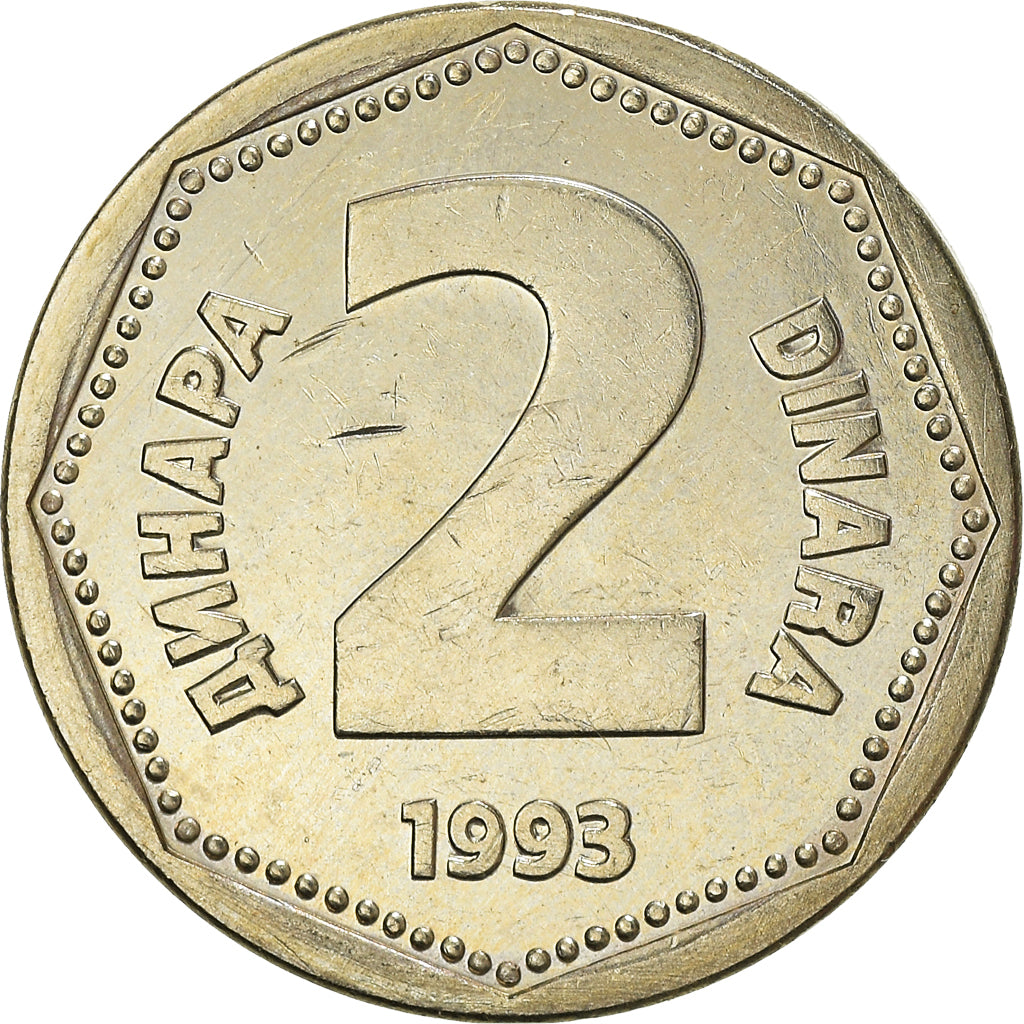 Moneta, Iugoslavia, 2 Dinara, 1993, BB+, Rame-nichel-zinco, KM:155