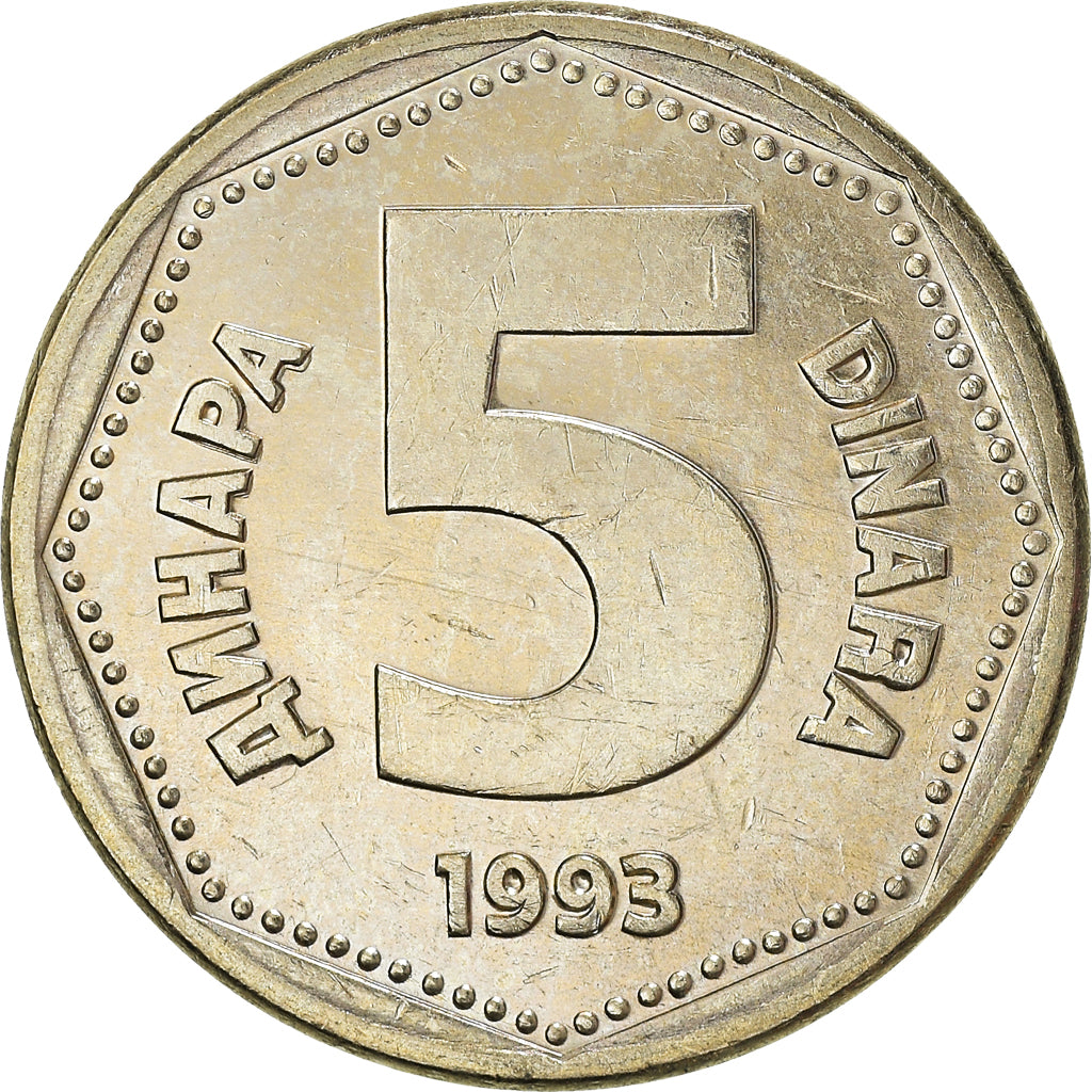 Monnaie, Yougoslavie, 5 Dinara, 1993, SUP+, Cuivre-Nickel-Zinc (Maillechort)