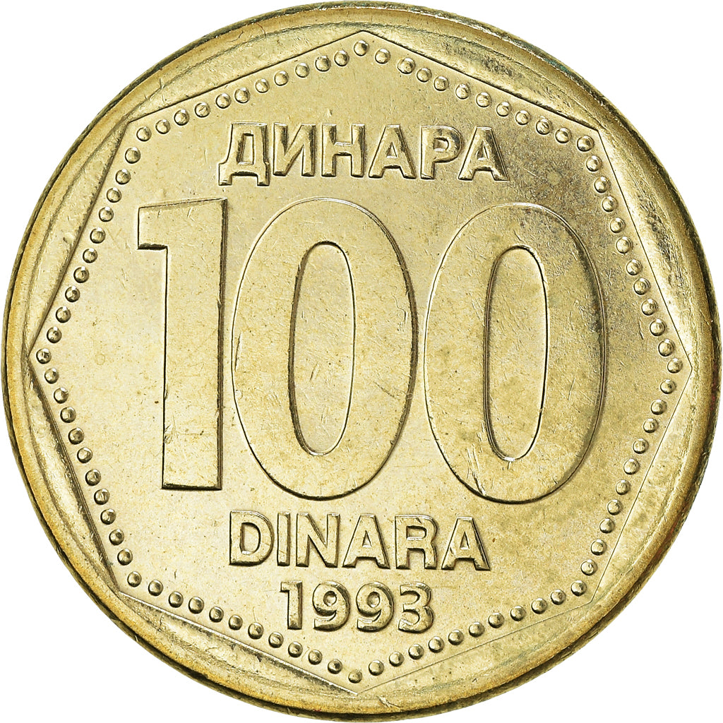 Coin, Yugoslavia, 100 Dinara, 1993, MS(60-62), Brass, KM:159
