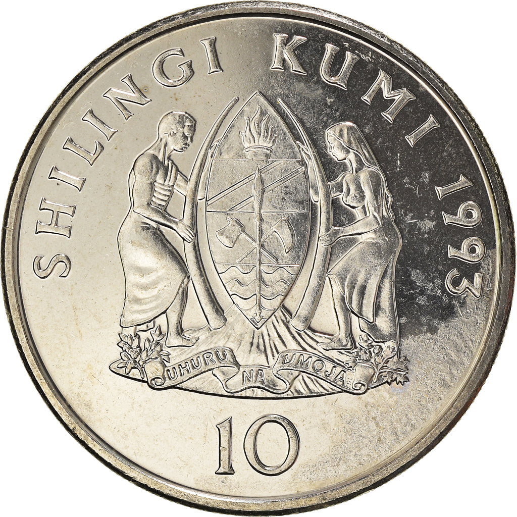 Munten, Tanzania, 10 Shilingi, 1993, ZF+, Nickel Clad Steel, KM:20a.2
