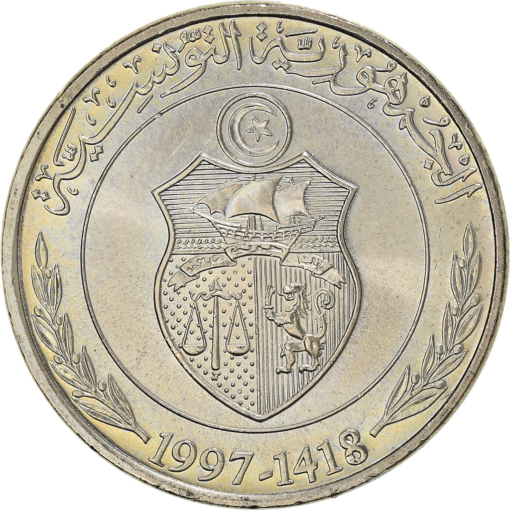 Monnaie, Tunisie, 1/2 Dinar, 1997/AH1418, Paris, SPL+, Cupro-nickel, KM:346