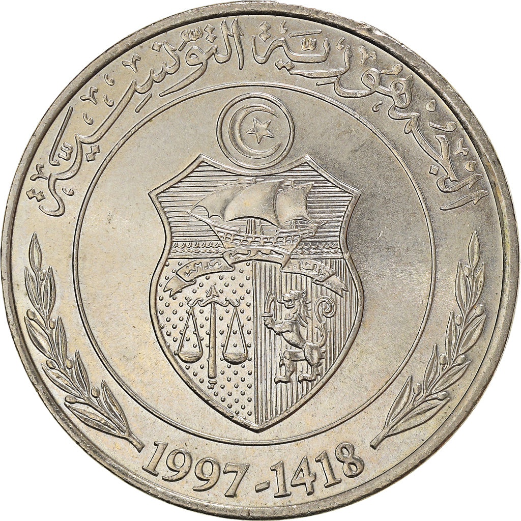 Coin, Tunisia, Dinar, 1997/AH1418, MS(64), Copper-nickel, KM:347