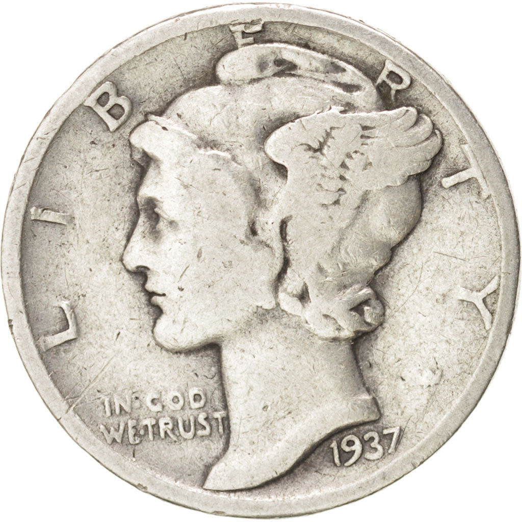 UNITED STATES, Mercury Dime, Dime, 1937, U.S. Mint, KM #140, VF(20-25), Silver,.