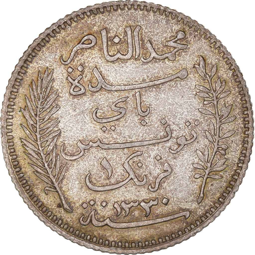 Coin, Tunisia, Muhammad al-Nasir Bey, Franc, 1912, Paris, MS(63), Silver, KM:238