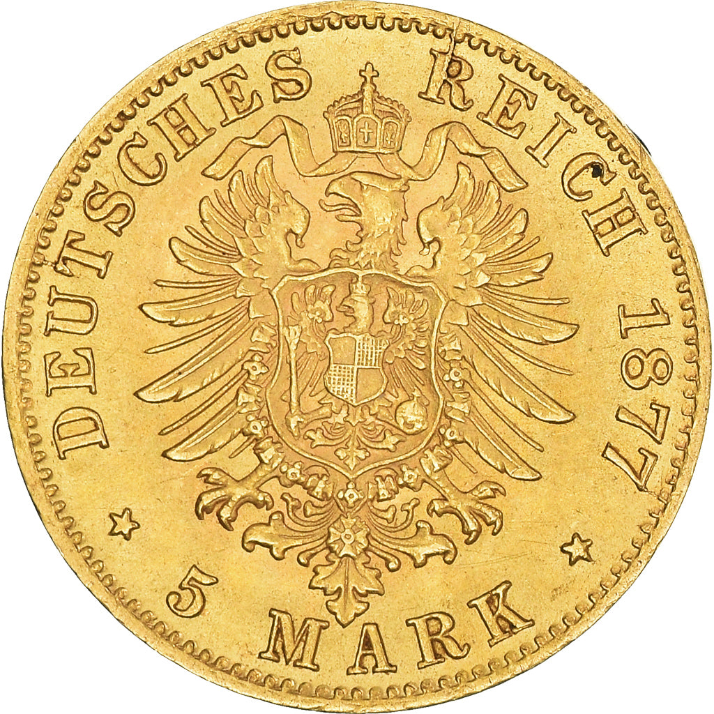 Coin, German States, BADEN, Friedrich I, 5 Mark, 1877, Stuttgart, MS(63), Gold