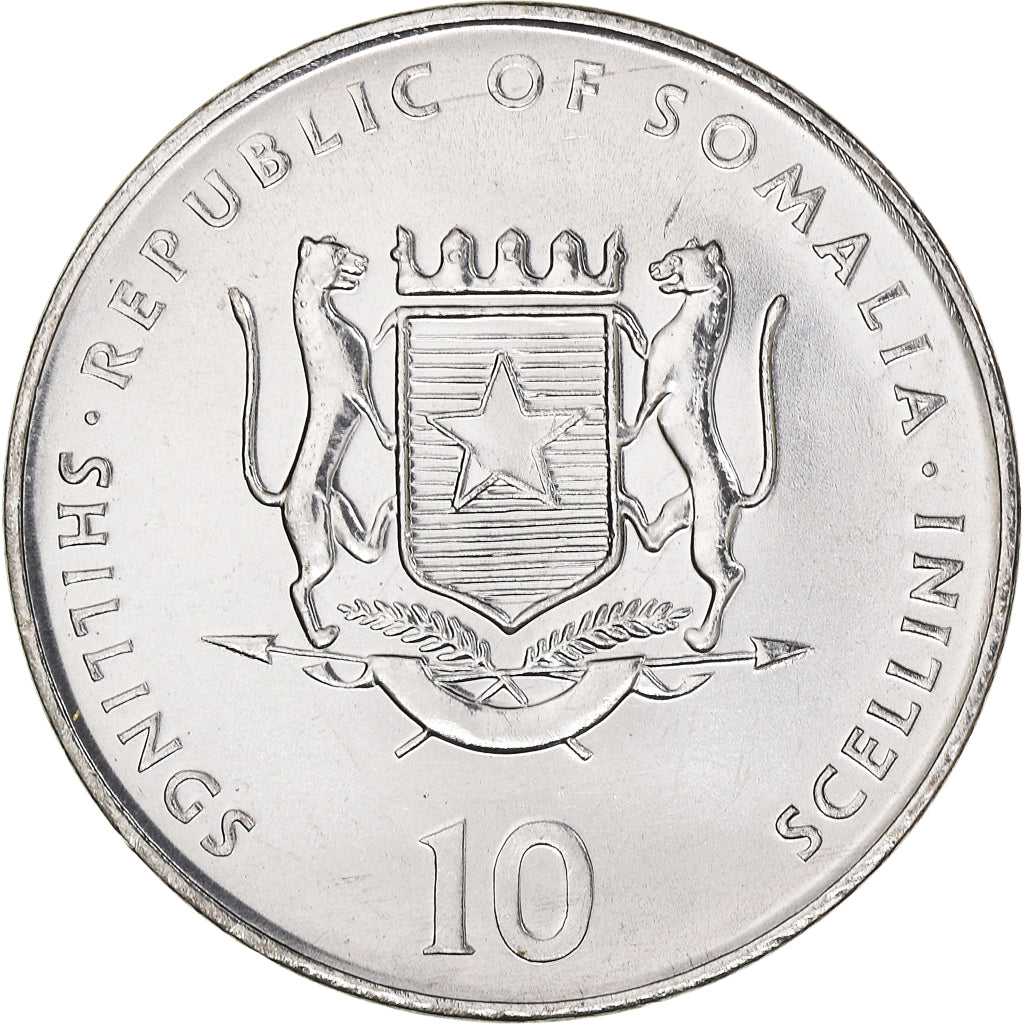 Coin, Somalia, 10 Shillings / Scellini, 2000, MS(63), Nickel Clad Steel, KM:100