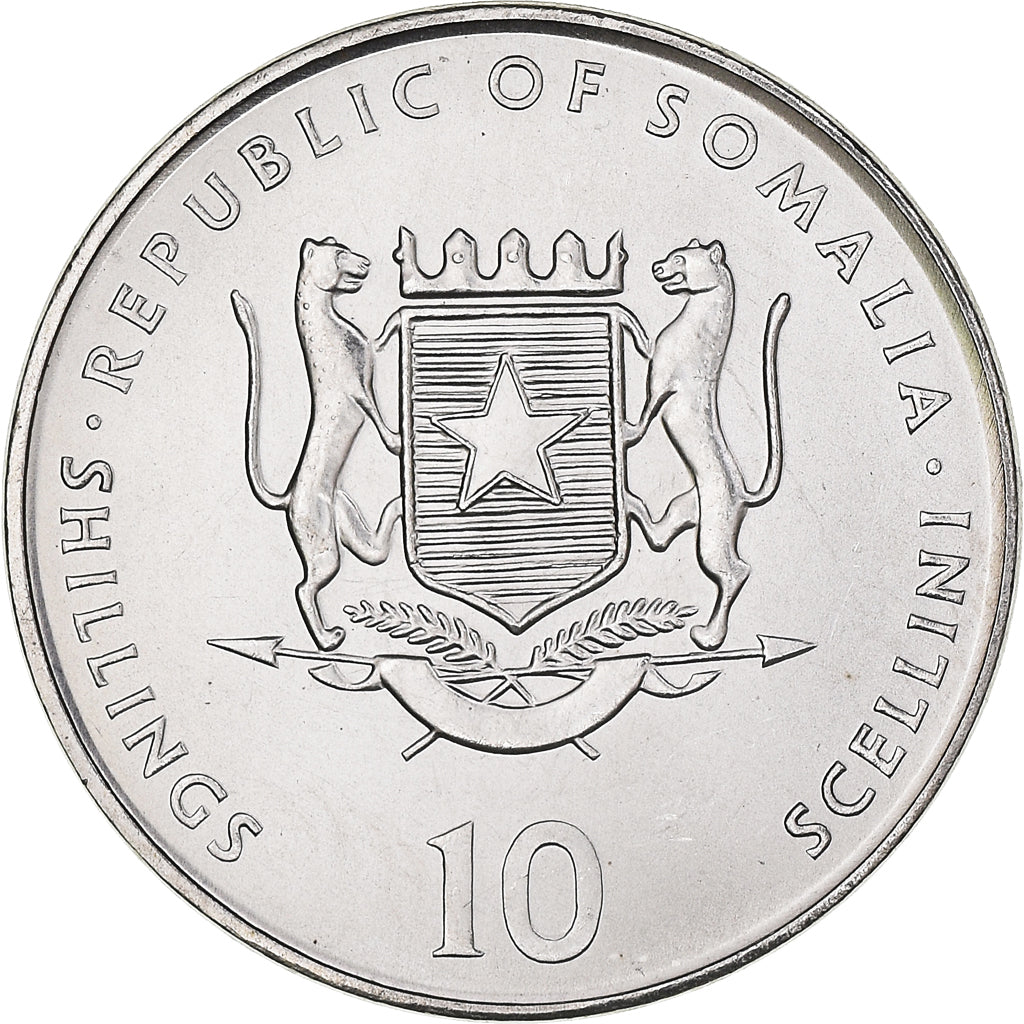 Coin, Somalia, 10 Shillings / Scellini, 2000, MS(63), Nickel Clad Steel, KM:93