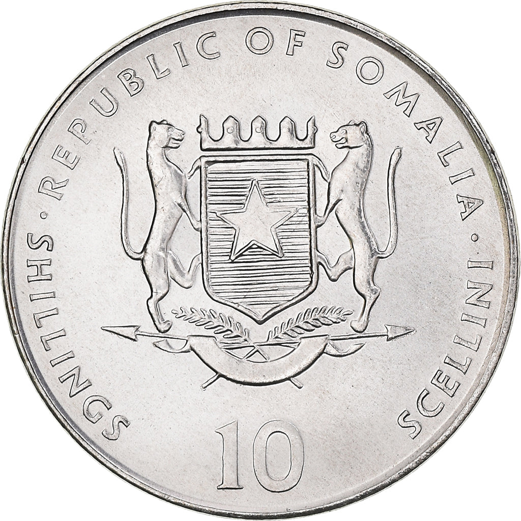 Coin, Somalia, 10 Shillings / Scellini, 2000, MS(63), Nickel Clad Steel, KM:96