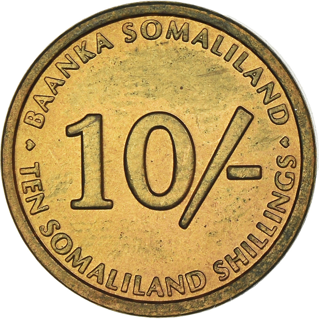 Coin, Somaliland, 10 Shillings, 2002, MS(63), Brass, KM:3