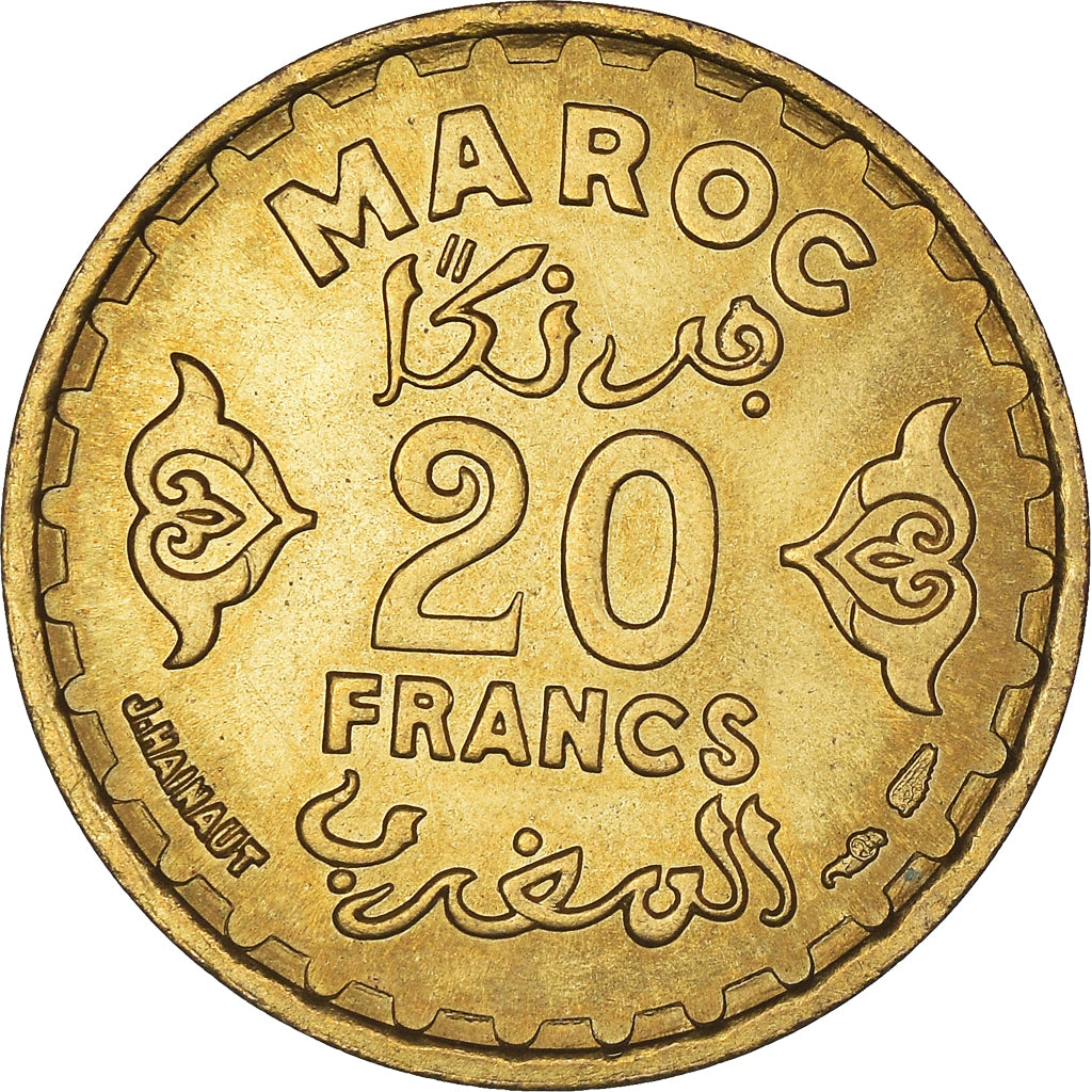 Coin, Morocco, Mohammed V, 20 Francs, 1371, Paris, MS(63), Aluminum-Bronze