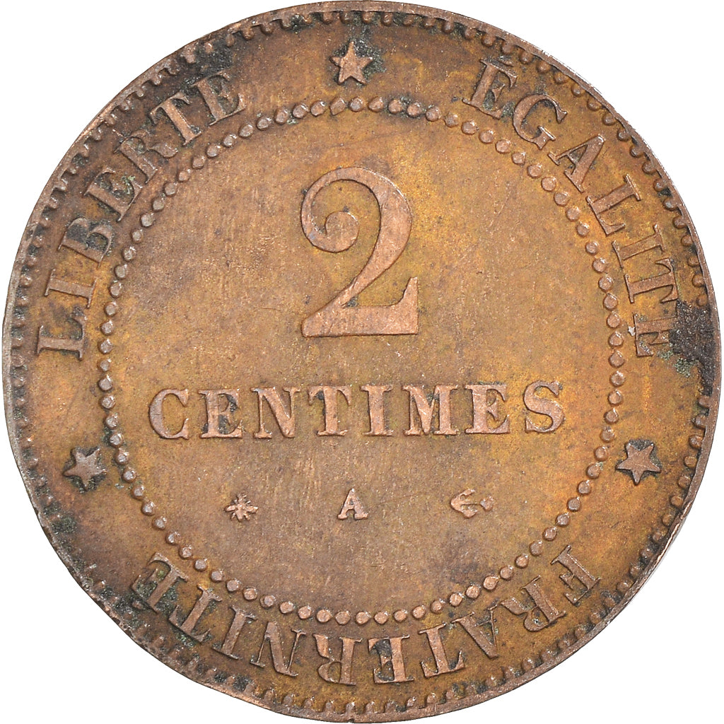 Moneta, Francia, Cérès, 2 Centimes, 1877, Paris, MB+, Bronzo, KM:827.1, Le