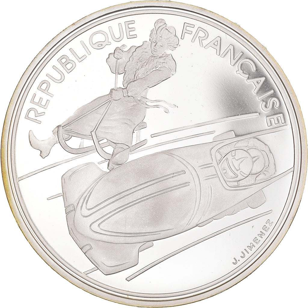 Coin, France, Bobsledding, 100 Francs, 1990, Albertville 92, MS(65-70), Silver