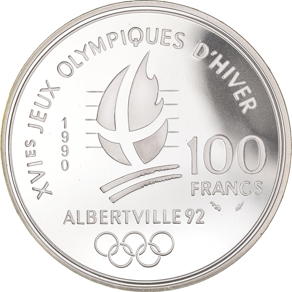 Coin, France, Bobsledding, 100 Francs, 1990, Albertville 92, MS(65-70), Silver