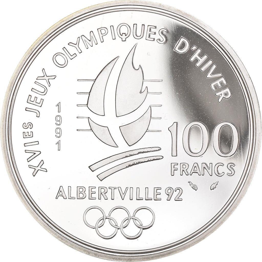 Moneda, Francia, Cross-country skier, 100 Francs, 1991, Albertville 92, FDC