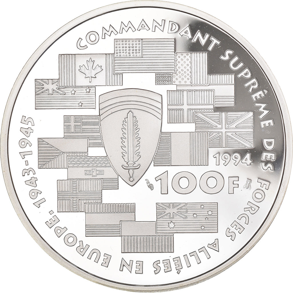 Coin, France, Dwight D.  Eisenhower, 100 Francs, 1994, BE, MS(65-70), Silver