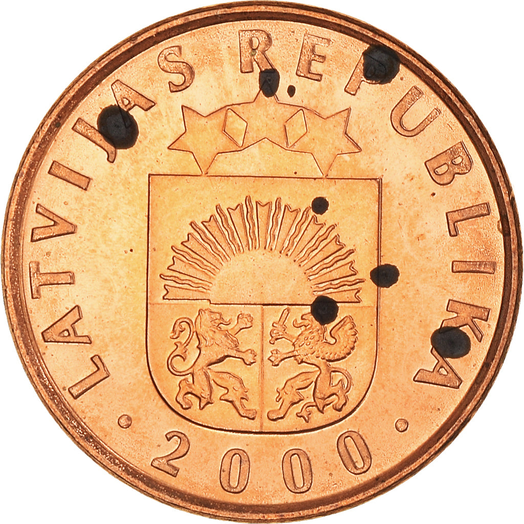 Moneta, Łotwa, 2 Santimi, 2000, AU(50-53), Miedź powlekana stalą, KM:21