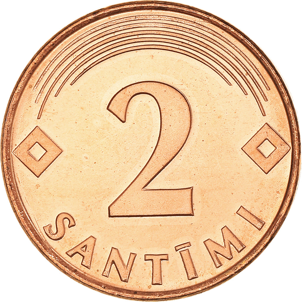 Moneta, Łotwa, 2 Santimi, 2000, AU(50-53), Miedź powlekana stalą, KM:21