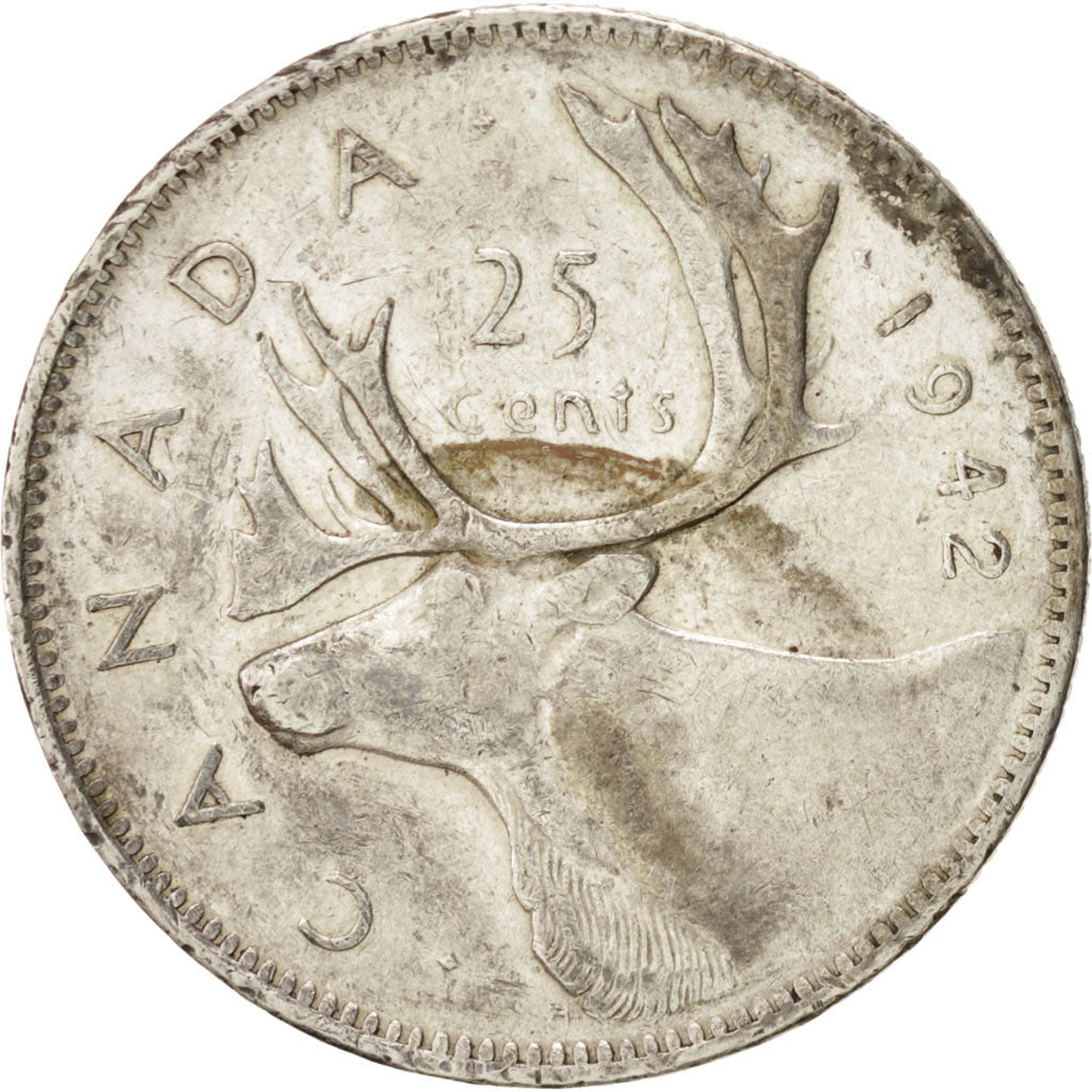CANADA, 25 Cents, 1942, Royal Canadian Mint, KM #35, EF(40-45), Silver, 23.5,...